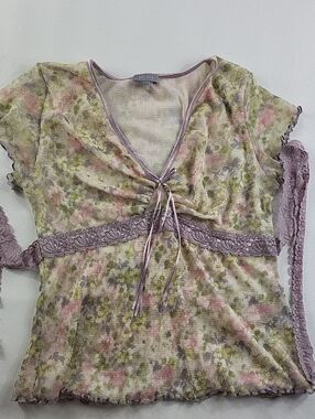 VTG Per Una Y2K Sheer Floral Mesh Top Lace Trim Tie Front Boho